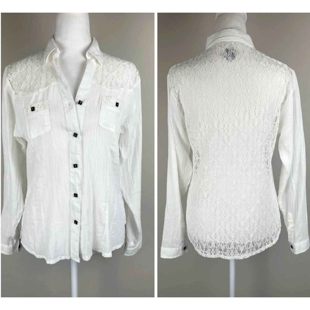 Blanc du Nil French Egyptian Cotton Gauze Shirt Lace Back White Boho Coastal 6